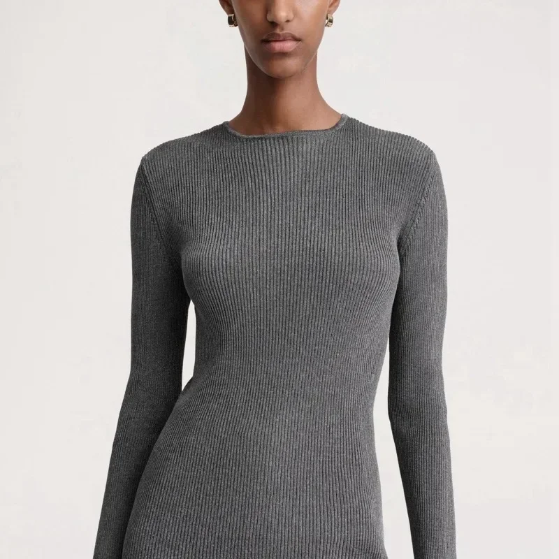 TT @ LUXURY-Knitted Shirt for Women, Metal Ribbed, Round Neck, Slim Fit, Casual, Knitted Top, Nordic, Autumn, Winter, 2024