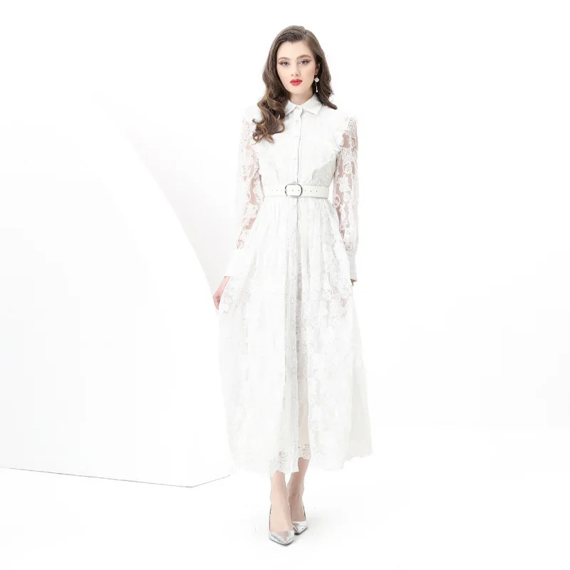 فستان طويل بتصميم عتيق مطرز بالدانتيل بأكمام جرس وياقة عالية من القطن فستان ماكسي للربيع والصيف والخريف أزياء نسائية عصرية