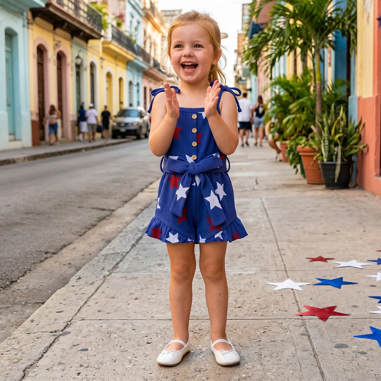 Independence Day Toddler Girl Jumpsuit Classic Star Print Sleeveless Tie up Strap Suspender Shorts with Belt