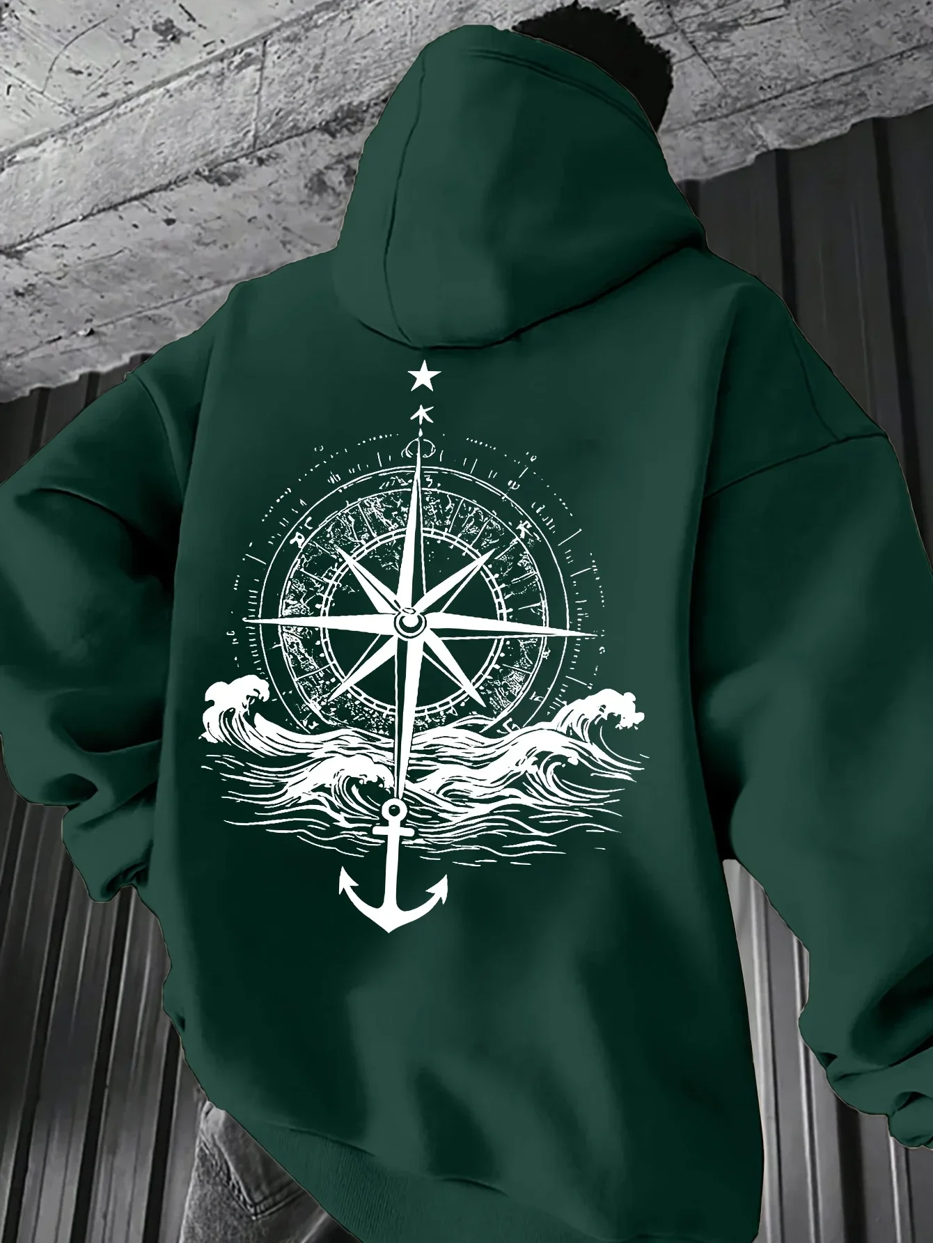 Men Fall Winter Warm Fleece Hoodie Vintage Compass Anchor Ocean Wave Star Sketch Back Print Nautical Street Pullover