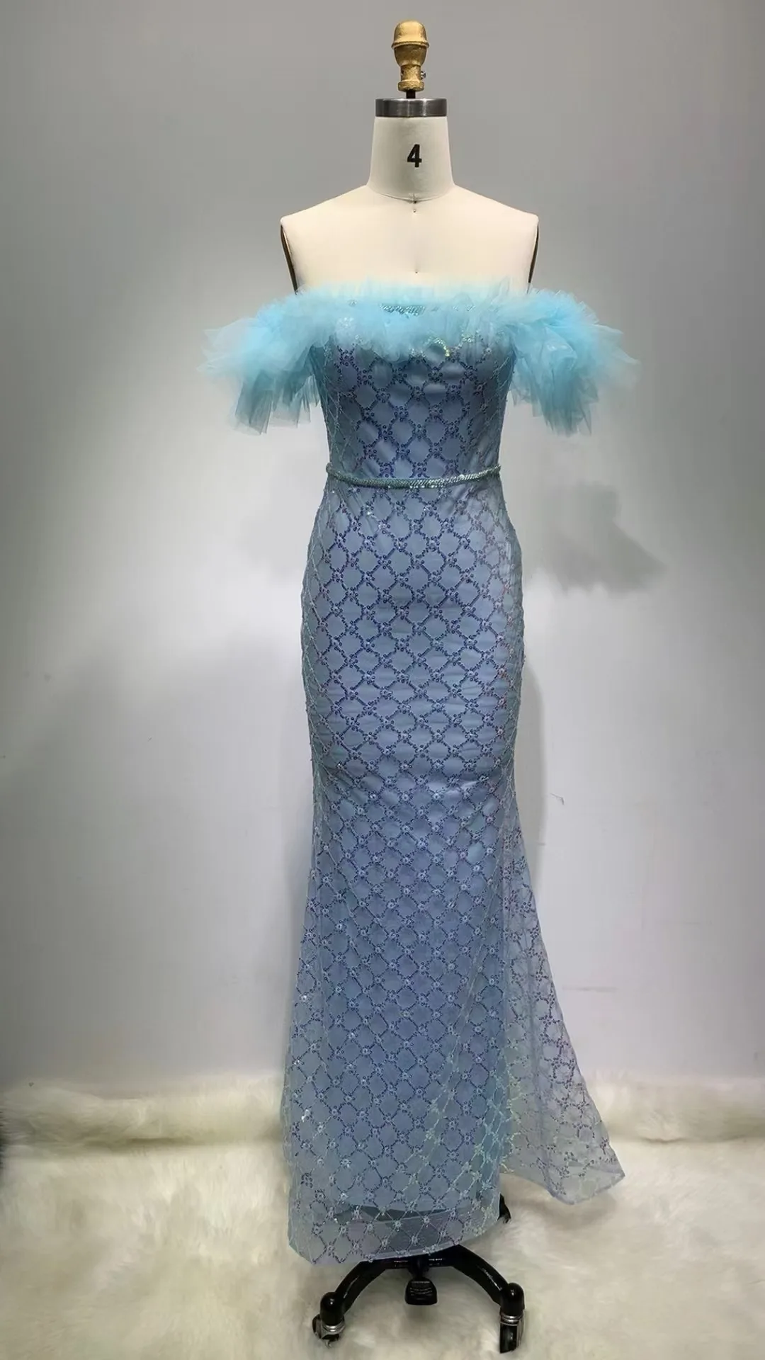 Robe longue brodée à sequins bleu ciel pour femme, robe de célébrité élégante, maille off initiated, robe maxi pour soirée, fête d'anniversaire, luxe, Rotterdam, kle