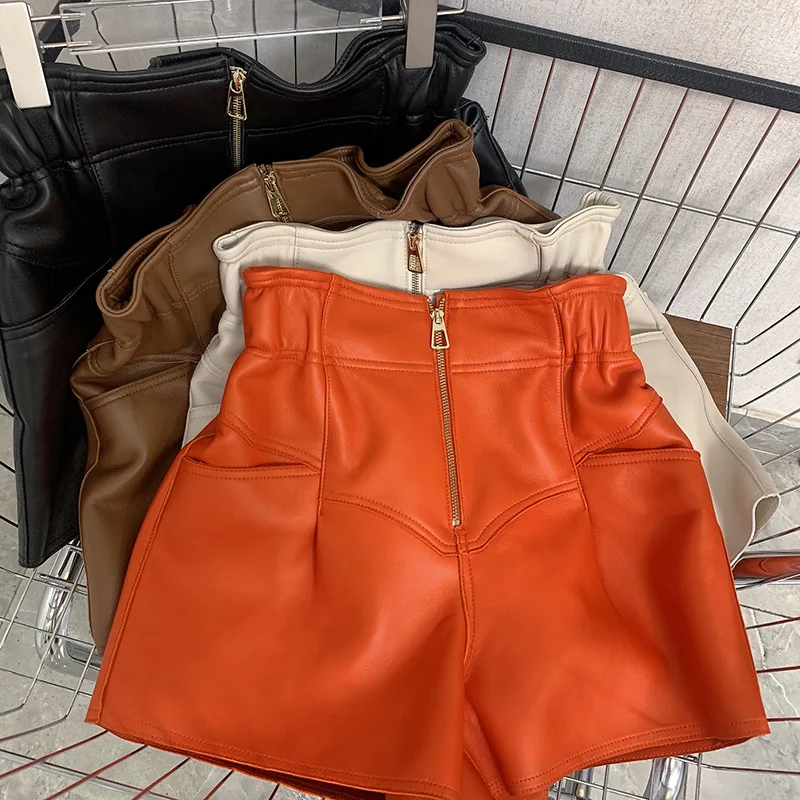Eleganckie skórzane szorty Feminino Cintura Alta Flower Bud Wide Leg Pant Korean Streetwear Women Sheepskin Casual Slim Mini Spodnie
