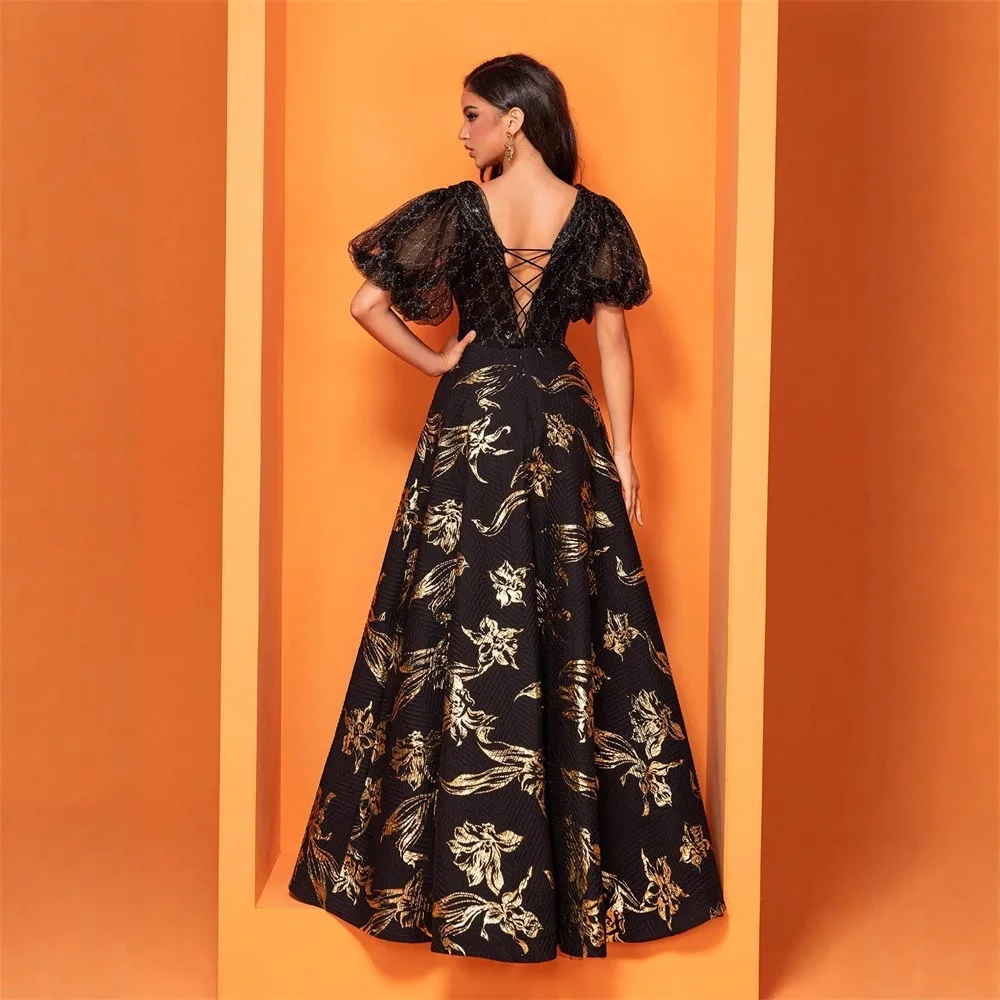 Black Gold Floral Jacquard Maxi Dress V Neck Puff Sheer Tulle Short Sleeve Flowy A Line Wedding Guest Evening Gown