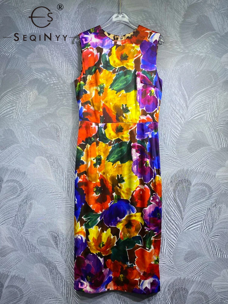 

SEQINYY Elegant Pencil Dress Summer Spring New Fashion Design Women Runway Vest Vintage Flower Print Sicily Party High Quality