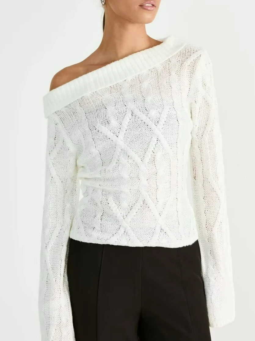 

Женский свитер с открытыми плечами, пуловер, осень-зима, белый, черный, с круглым вырезом, крест-накрест, повседневный женский трикотаж, новинка