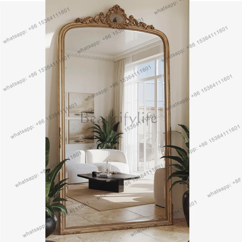 French retro carved arched floor mirror American art style decorative mirror household