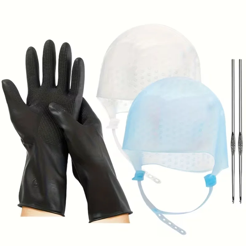 

4pcs Reusable Hair Coloring Highlighting Cap with Metal Hook and Hair Dye Gloves Set Portable Hair Dyeing Coloring Tools Set