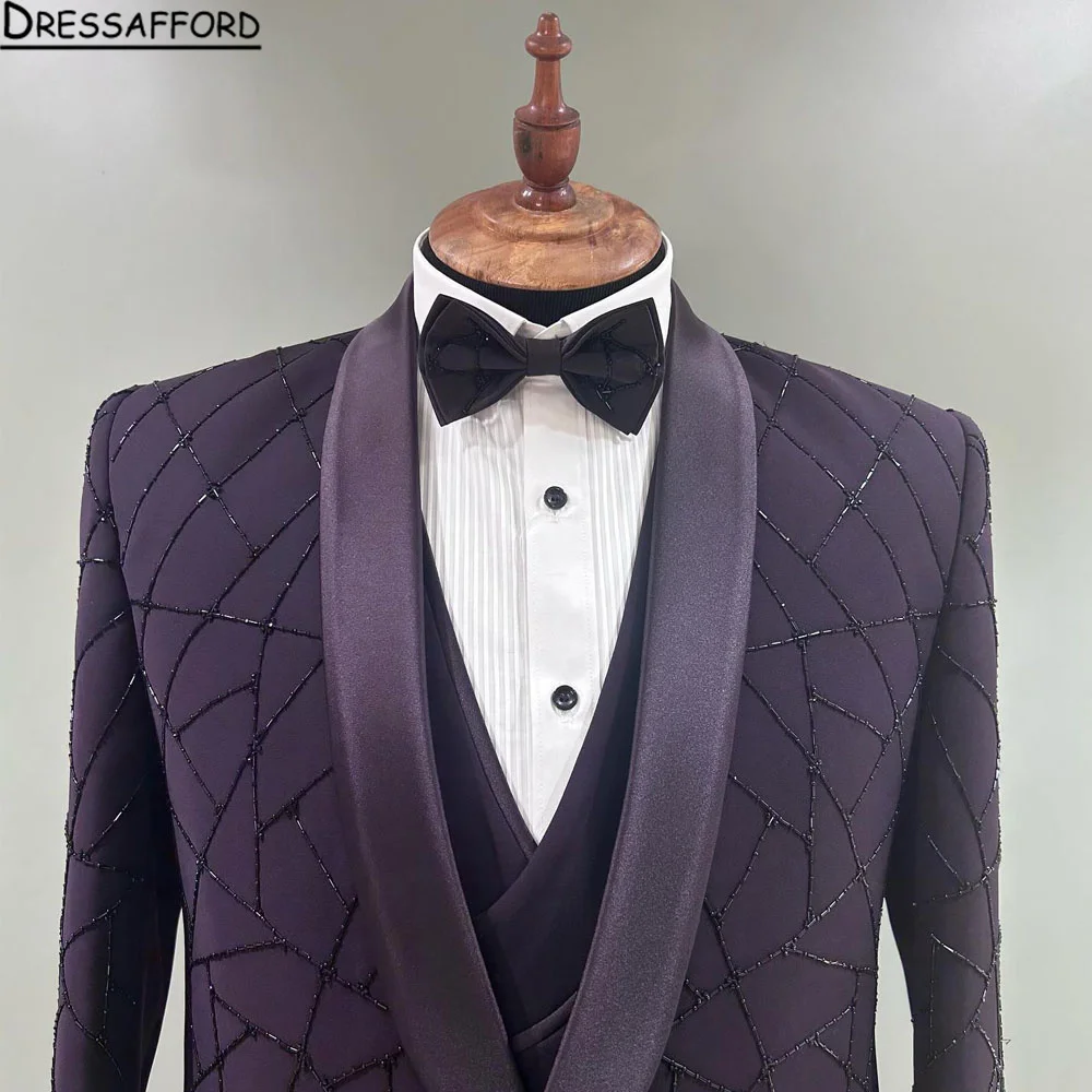 Purple Blazers Handmade Beading Men Suits Fashion Banquet 2 Piece Business Jacket Pants Trousers