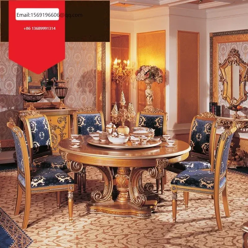 

European-style round solid wood dining table French dining table and chair combination luxury double