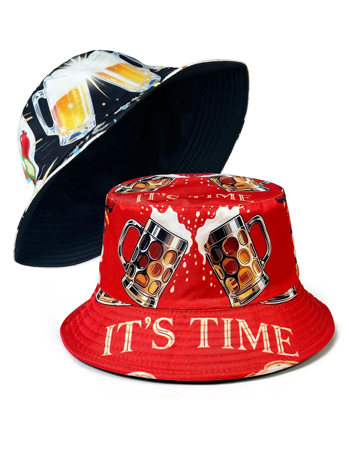 Beer Cheers 3D-Grafik-Wende-Eimerhut, doppelseitig tragbar, faltbar, leichtes Design, Fischerhut, lässiger Unisex-Sonnenhut, geeignet für Partys und Festivals