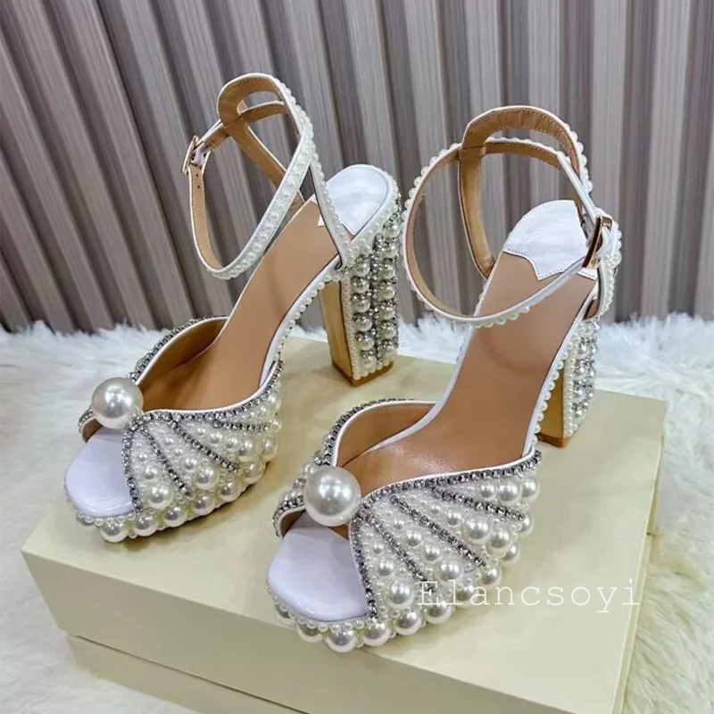 Summer Chunky High Heel Thick Sole Sandals Women Ankle Strap Shiny Pearl Platform Sandalias Ladies Sexy Party Dress Shoes 2025