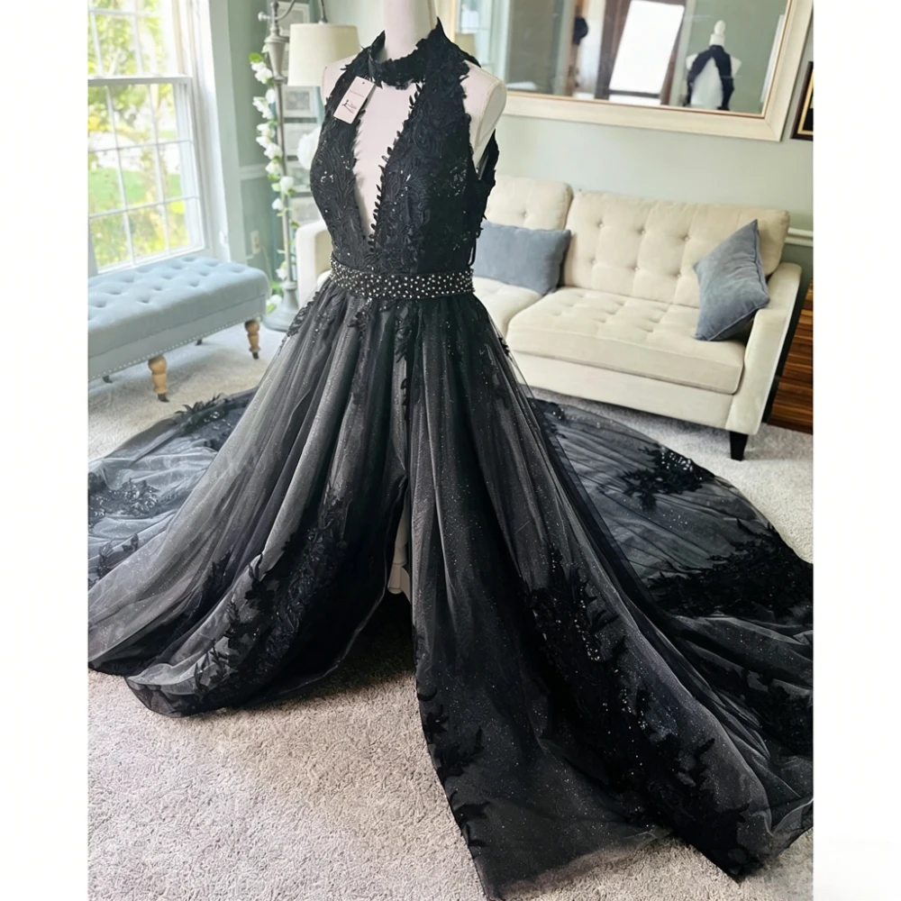 Customized Dark Gothic A Line Wedding Dress Halter Deep V Backless Floral Lace Applique Rhinestone Waistband Train Bridal Gown