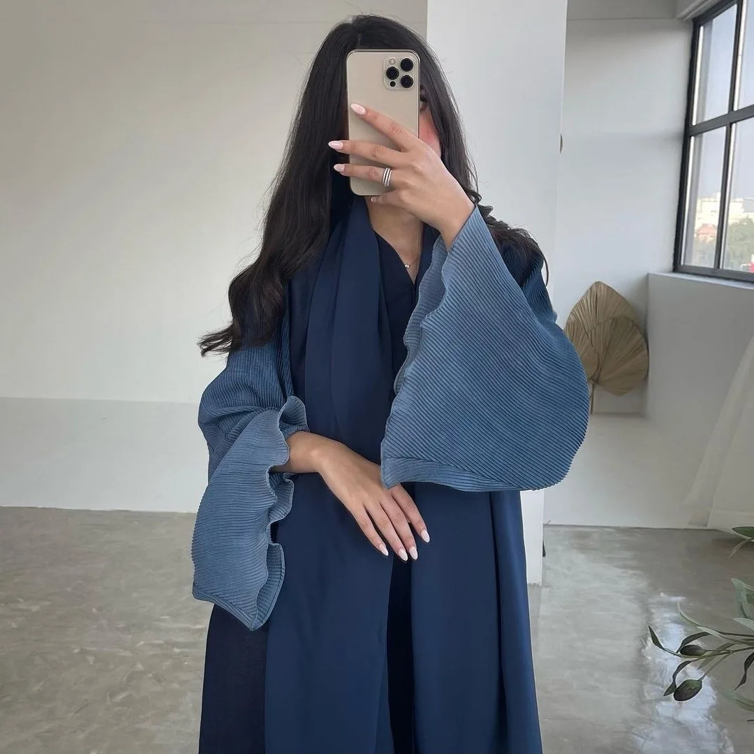 Muslim Women Color Block Pleated Open Front Abaya Kaftan Flared Sleeve Maxi Dress Modest Dress
