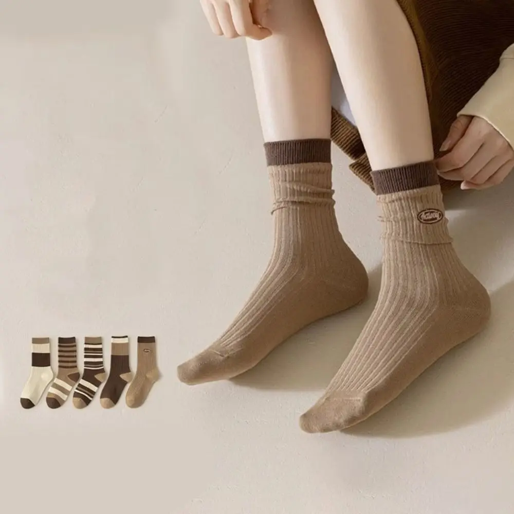 5Pairs Fashion Retro Women's Cotton Socks Soft Breathable Stripe Tube Socks Thin Hosiery Mid-calf Socks Unisex