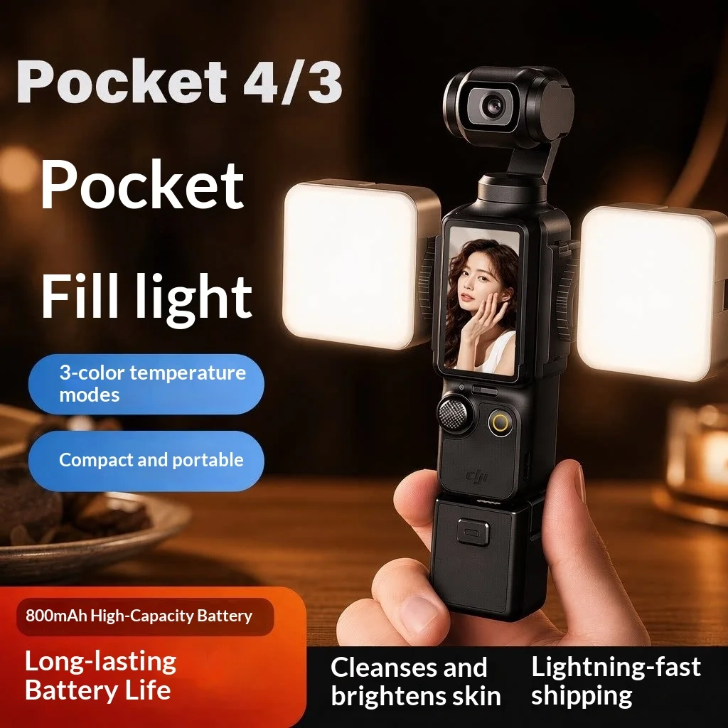 dji-osmo-pocket-4-camera-de-acao-para-vlogs-ideal-para-filmagens-ao-ar-livre-portatil-com-mini-luz-de-preenchimento-magnetica-sistema-de-fixacao-rapida-e-luz-com-ajuste-de-intensidade
