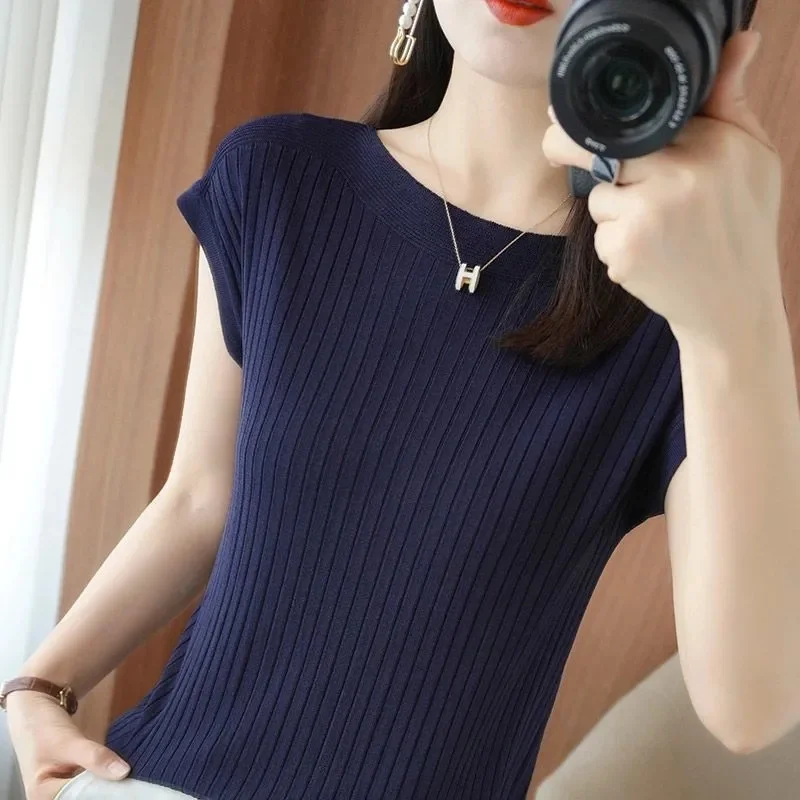 2024 New Spring Autumn Fashion Straight Neck Knitted Sweater Short Sleeve Women Solid Color Simple Casual Tops Femme