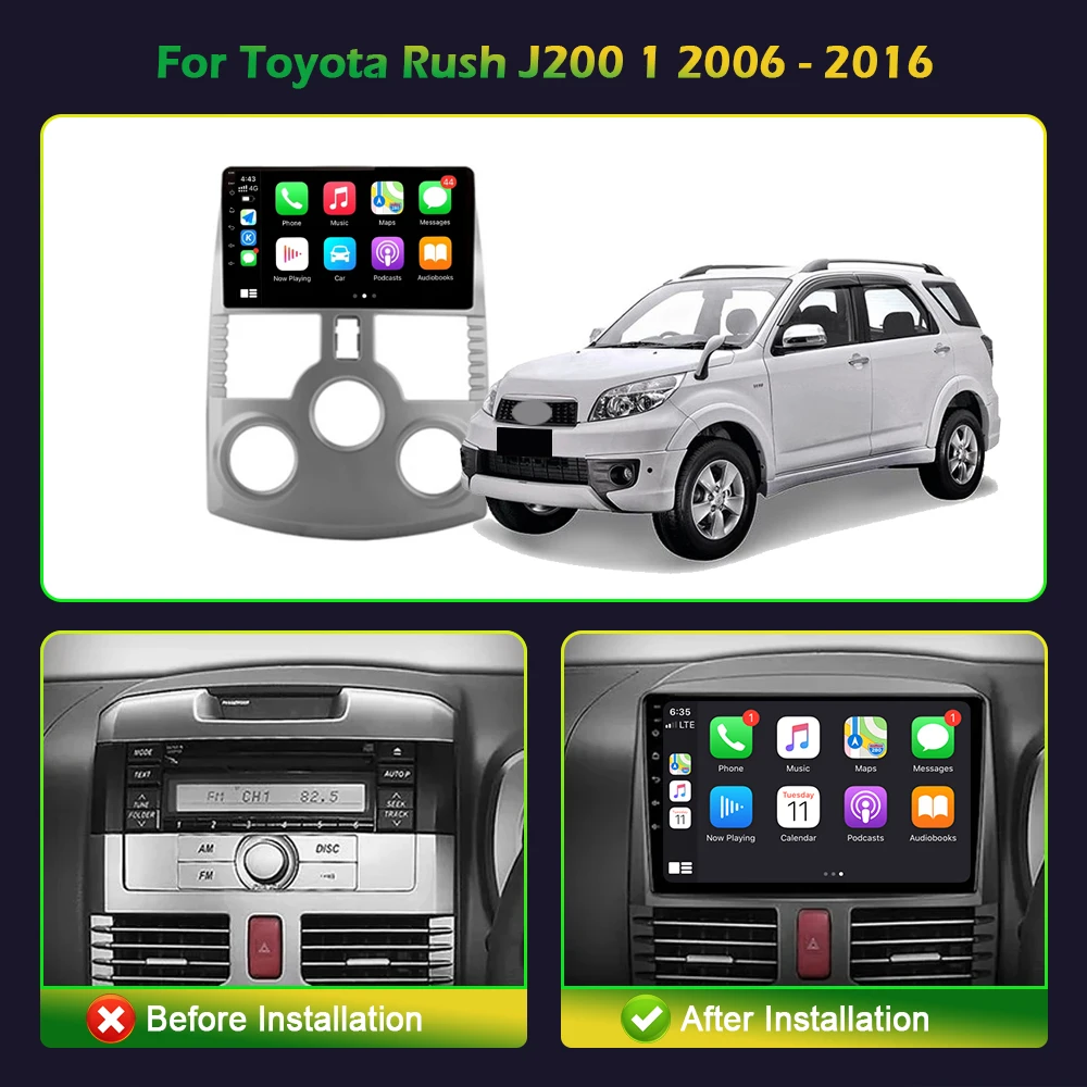 Android 14 Car Radio For Toyota daihatsu terios Rush J200 Year 2006-2016 Multimedia Navigation Wireless Carplay 2 Din Screen