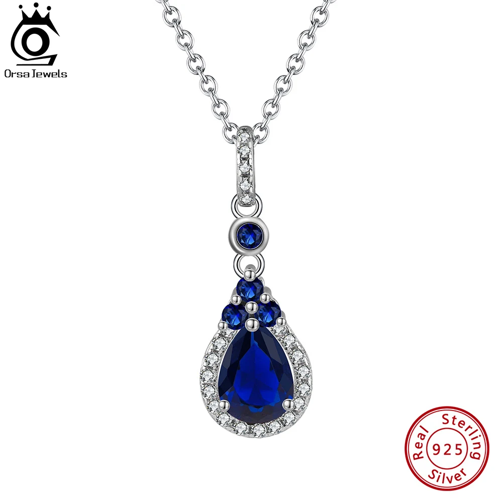 

ORSA JEWELS 925 Sterling Silver Brilliant Created Sapphire Necklace for Women Halo AAAAA Zircon Pendant Jewelry LZN10