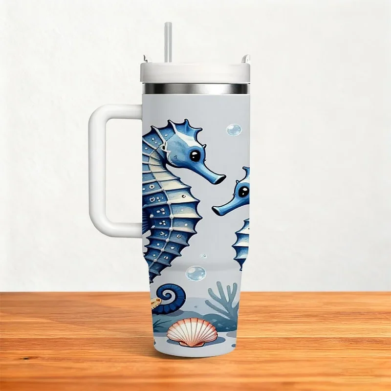 Stainless Steel 40Oz Insulated Tumbler with Whimsical Marine-Themed Digital Print (Blue Seahorses, Starfish, Seashells, Underwater Coral), Portable Reusable Drink Container for Hot/Cold Beverages, Ideal for Daily Commute & Outdoor Use