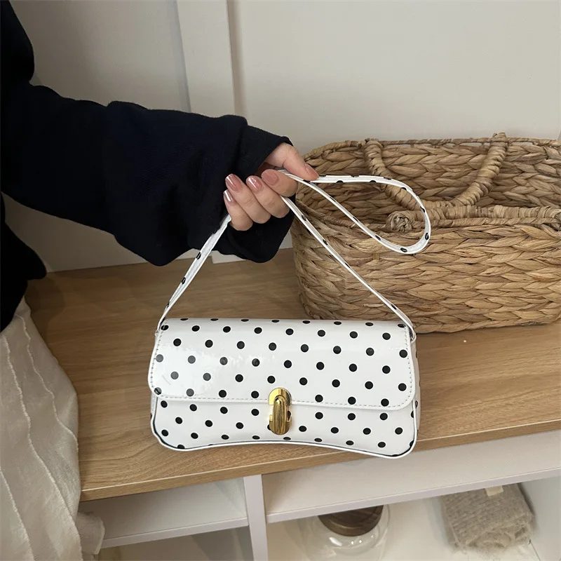 Women Fashion Patent Leather Shoulder Bag White Polka Dot Flap Purse Metal Lock Small Underarm Handbag Daily Party Crossbody Bag