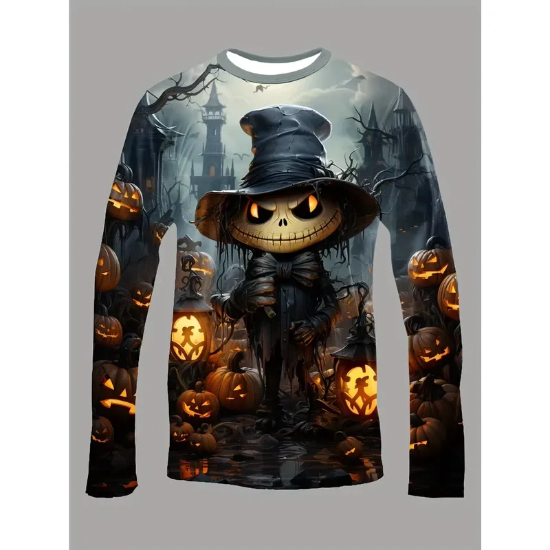 3D Print Casual Long Sleeve Men T Shirt Scarecrow Pumpkin Castle Halloween Party Gothic Top 2026 Fashion Streetwear Cool Gift