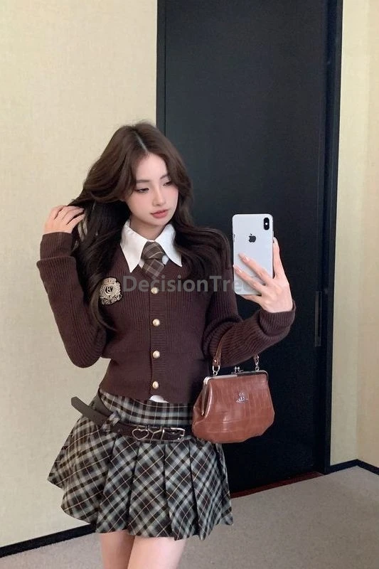2025 아카데미 스타일 JK 교복 올매치 니트 스웨터 아메리칸 스타일 스쿨 셔츠 트렌디 다용도 체크 플리츠 스커트