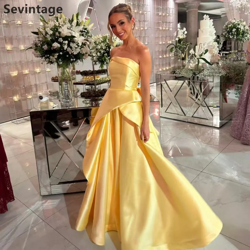 

Sevintage 2025 желтое атласное вечернее платье трапециевидной формы без бретелек со рюшами, платье для выпускного вечера на свадьбу, вечернее платье по индивидуальному заказу