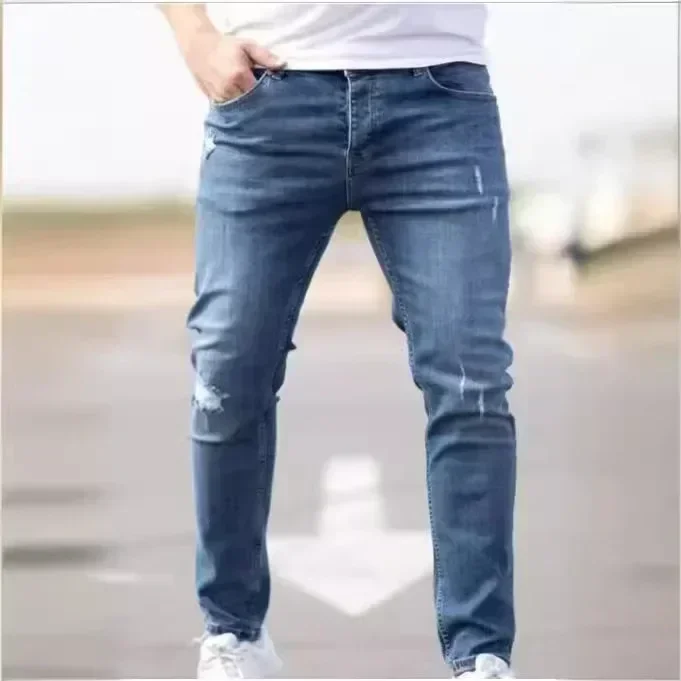 

Vintage Jeans for Men Denim Pencil Pants Mid Waist Stretch Distressed Hole Denims Ankle Length Trousers Autumn Streetwear
