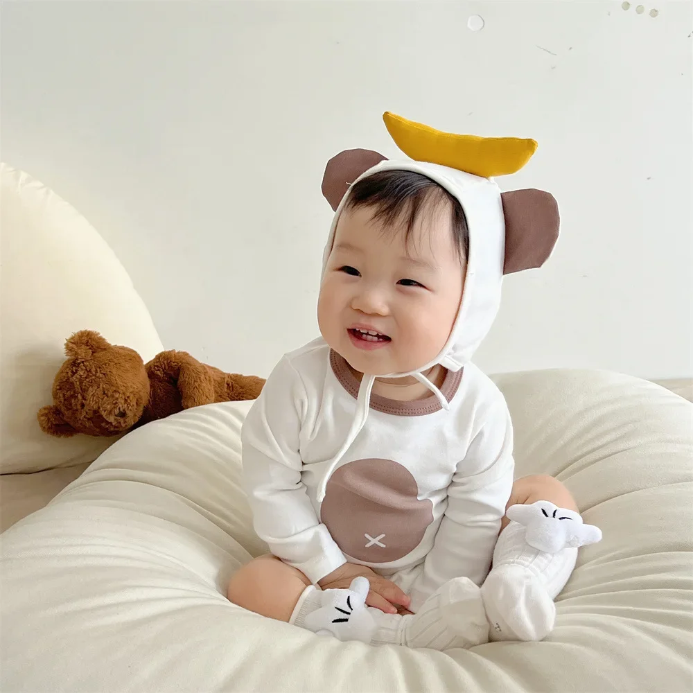 

2024 Spring Newborn Cute Monkey Long Sleeve Romper Girl Cotton Infant Print Jumpsuit+Banana Cap 2pcs Boy Toddler Onesie Clothes