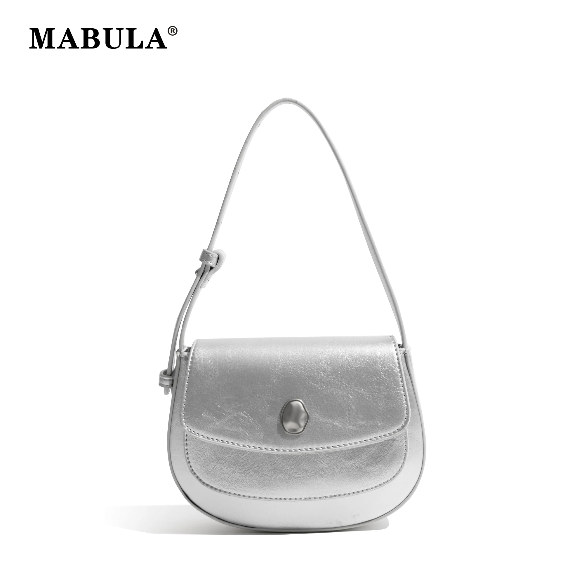 

MABULA PU Saddle Bag Patent Leather Glossy Finish Handbag Solid Silver Shoulder Purse Girls Travel Work Shopping Crossbody Bag