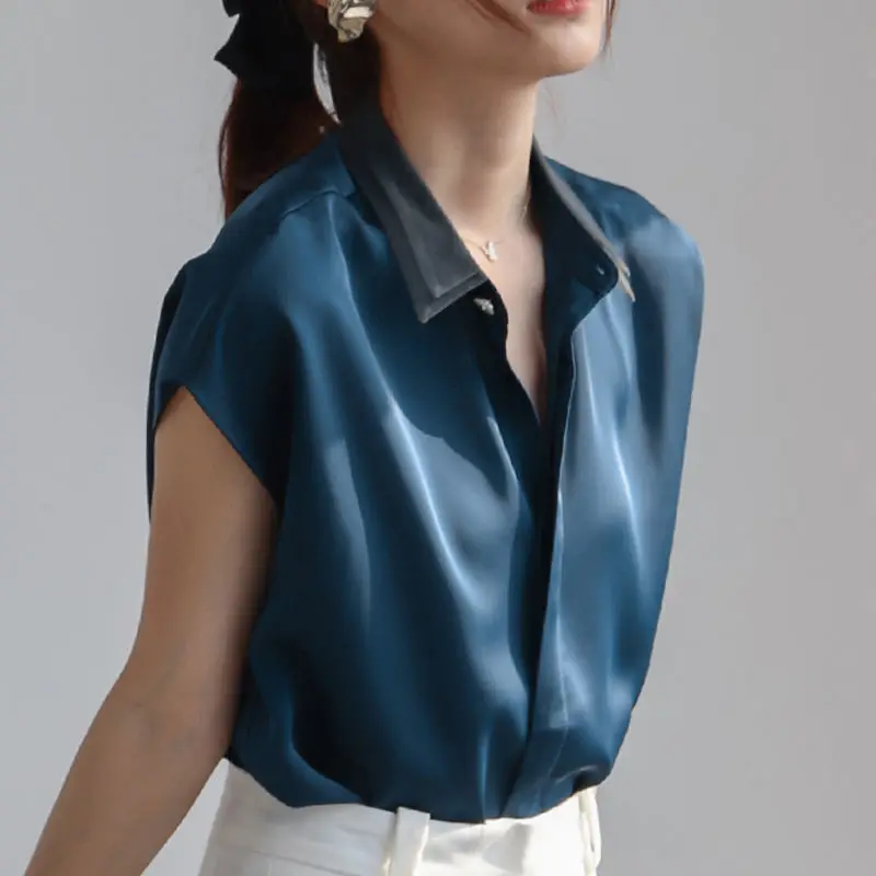 Fashion Lapel Spliced Short Sleeve Plus Size Chiffon Blouse 2022 Summer New Casual Tops Loose Commute Female Clothing Shirt