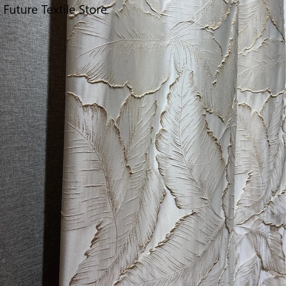 New High-precision Embossed Gold Thread Jacquard Beige Leaf Three-dimensional Curtain Curtains for Living Dining Room Bedroom