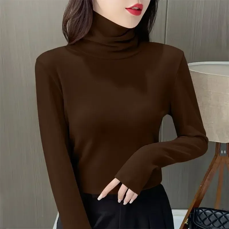 Frauen Thermo-Unterwäsche Winter Verdicken Rollkragen Bottom Shirt De Samt Warme Tops Halb Hohen Kragen Hals Langarm Pullover – Detail 11