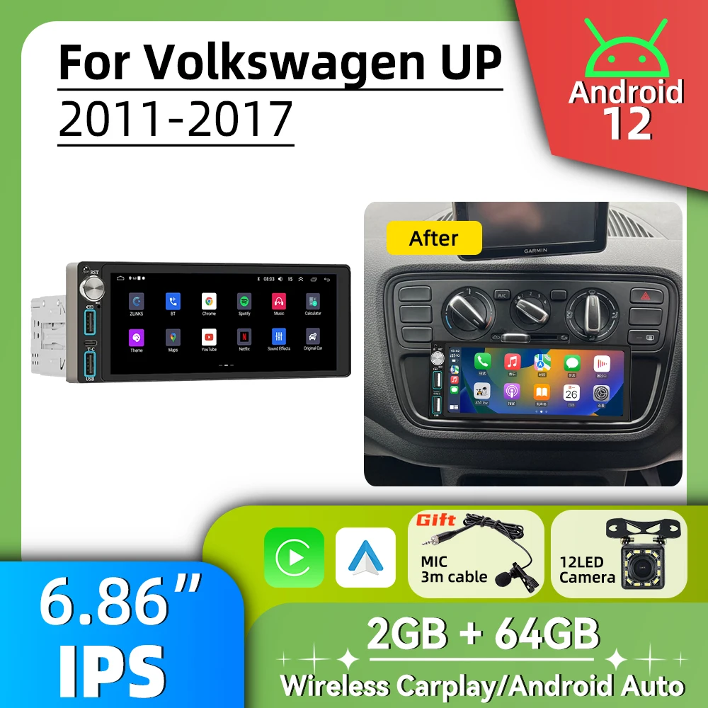 Carplay 1 Din Radio Android Car Multimedia for VW Volkswagen UP 2011-2017 6.86