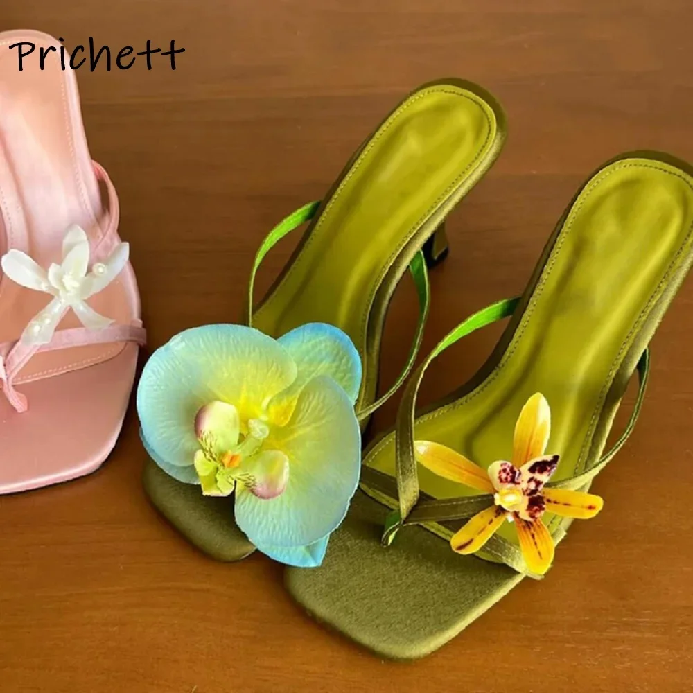 

Moth Orchid Flip Flops Slippers Satin Asymmetric Square Toe Slip On Thin Heels Sandals Women's Lovey Elegant Outdoor Dress Shoes
