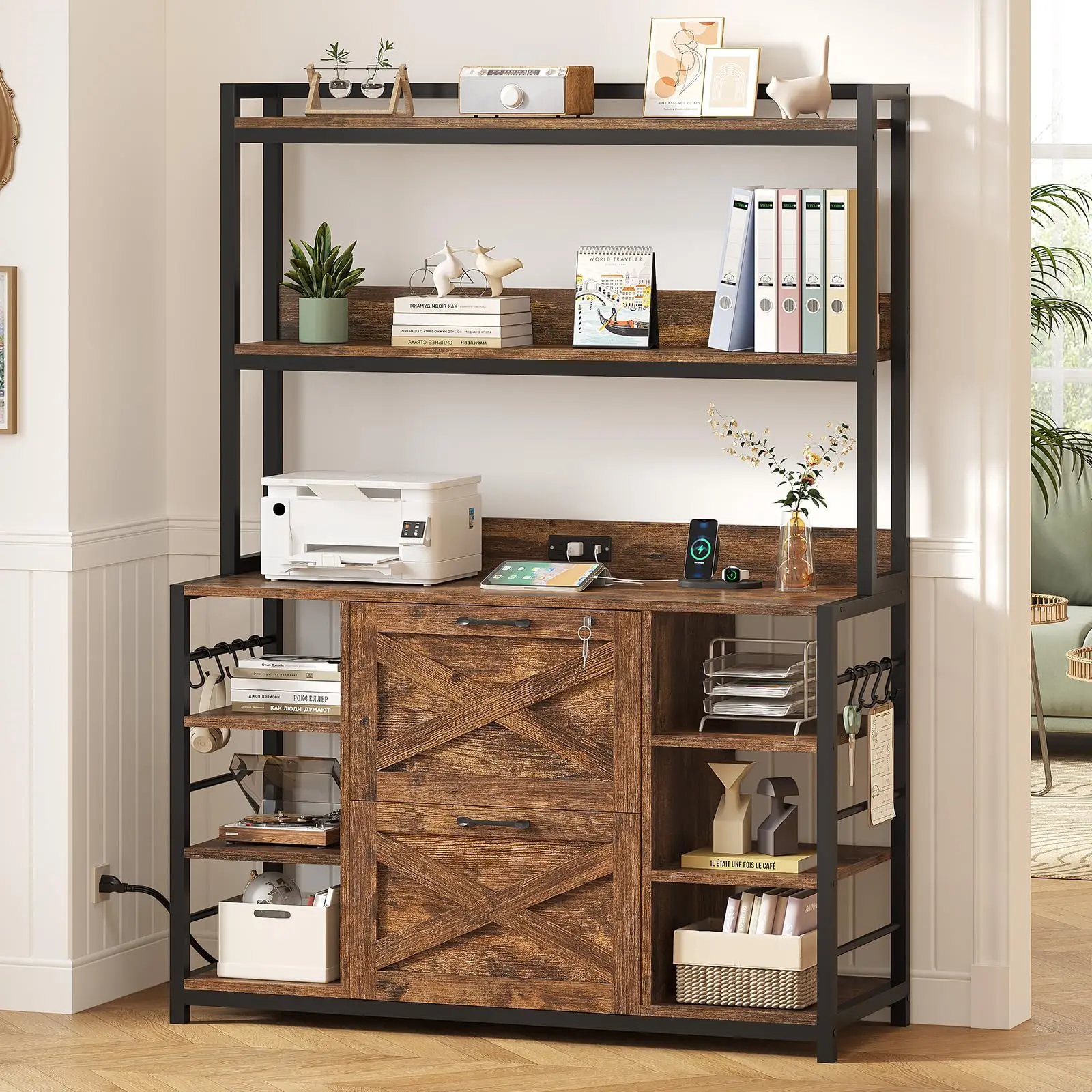 File Cabinet with Charging Station, Vertical Filing Cabinet with Lock for Home Office, Printer Stand with Open Storage