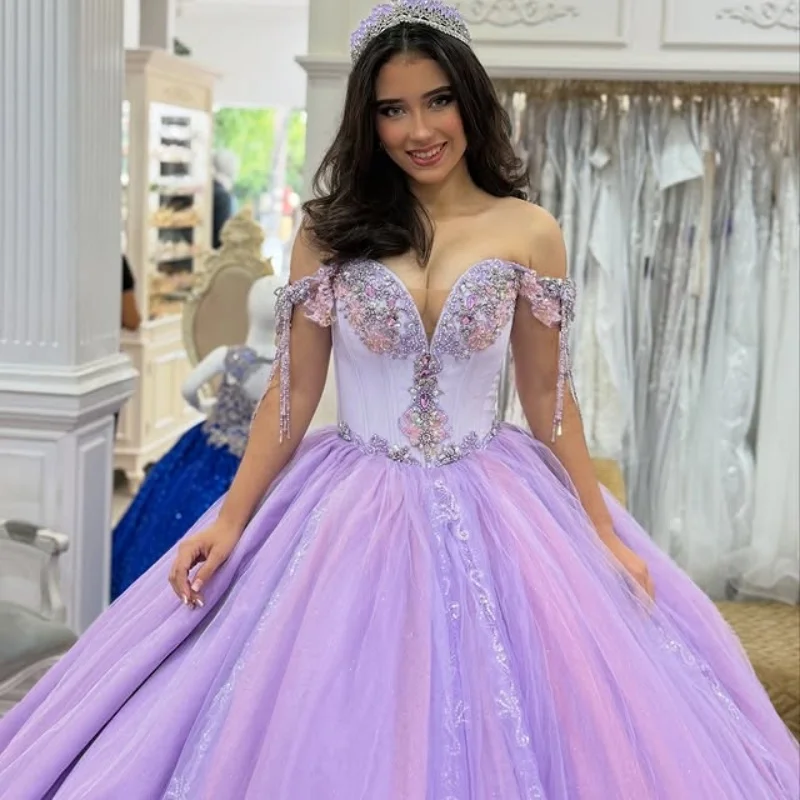 

Customized Purple Quinceanera Dresses Off the Shoulder sequin applique Lace flower Long tail Vestido 15 Quinceanera