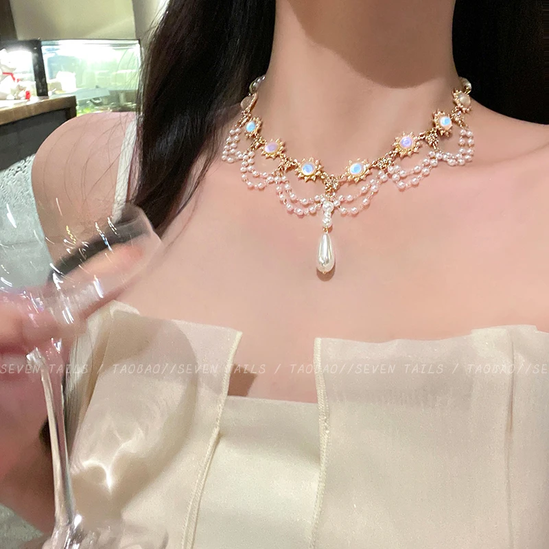 여성용 프랑스 화이트 문라이트 펄 태슬 목걸이, 레트로 헤비 인더스트리 디자인, 멀티 레이어 쇄골 체인, 라이트 럭셔리