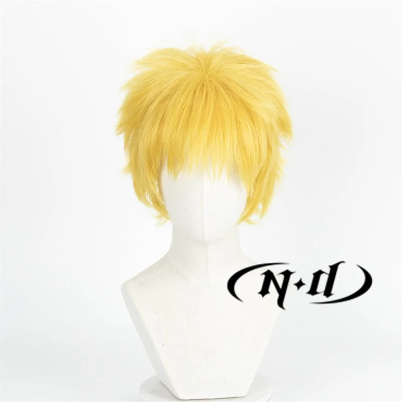 ND Anime Cosplay Wig Uzumaki Cosplay Hair Yellow Short Fluffy Layered Hair Heat Resistant Synthetic Kanekalon Hair Wig for Party
