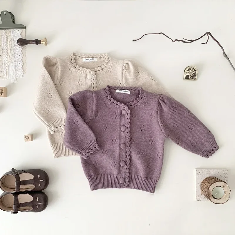 Autumn Winter Baby Girl Purple Knitted Sweater Girls Sweet Cardigan Coats Children\'s Sweater Outwear Tops Kids Clothing