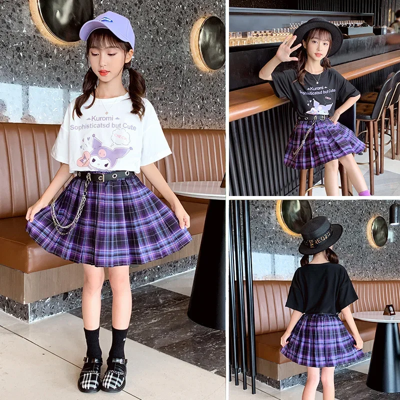 

Sanrio Anime Kuromi Girls Clothes Suits Kids Fashion Black Cotton T-shirt+skirts+Belt Sets for Girl Teenager Children Clothing