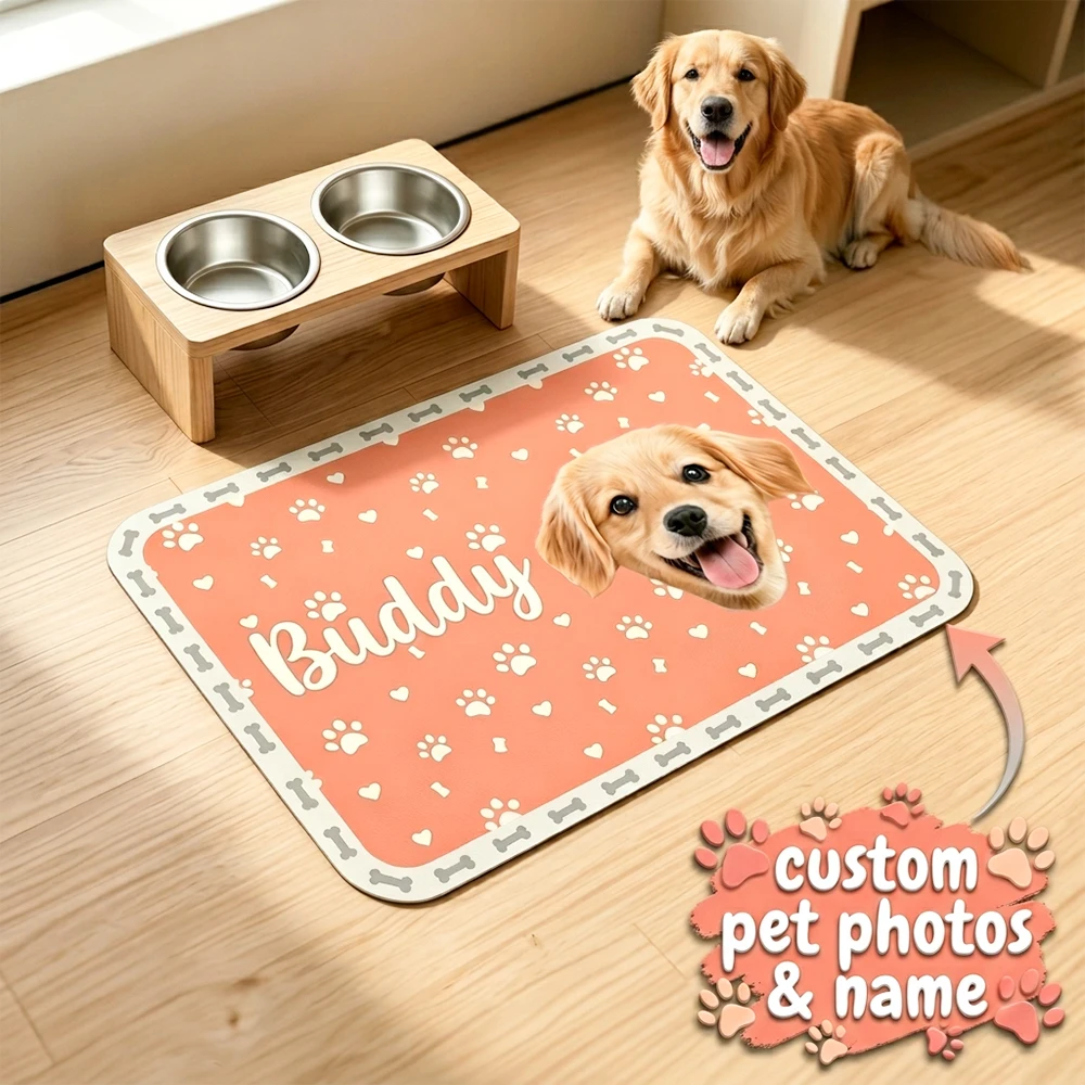 Personalized Custom Pet Photo & Name Pet Feeding Mat,Stain‑resistant Easy‑to‑clean Bowl Mat,Holiday Pet Gift,Pet Feeding Area