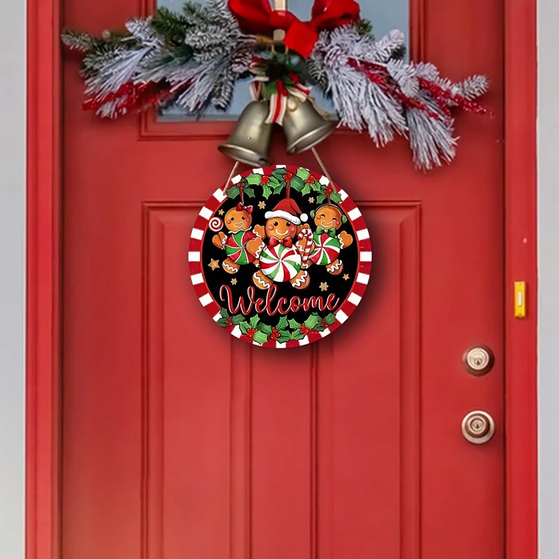 1Pc Wooden Merry Christmas Cookie Man Round Hanging Wall Door Decoration Outdoor Patio Decoration