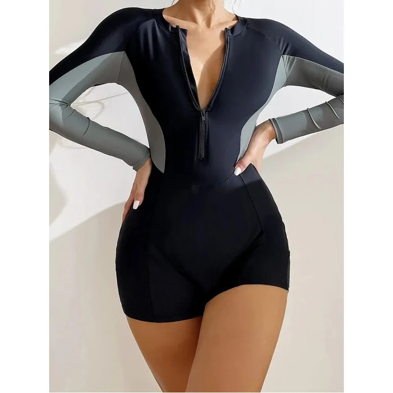 Women's Swimsuit 2024 New One-piece Long Sleeved Color Blocking Surfing Suit Round Neck Zipper Conservative Diving Suit Swimwear