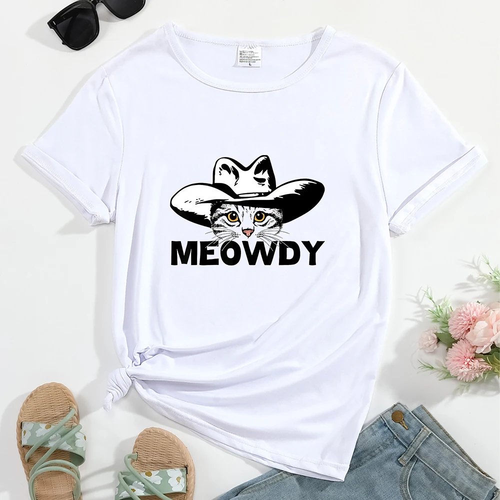 Dames T-Shirt Meowdy Kat Patroon Print Ronde Hals Casual Streetwear Comfortabele Ademende Hot Verkoop Dames Kleding Top T-Shirts