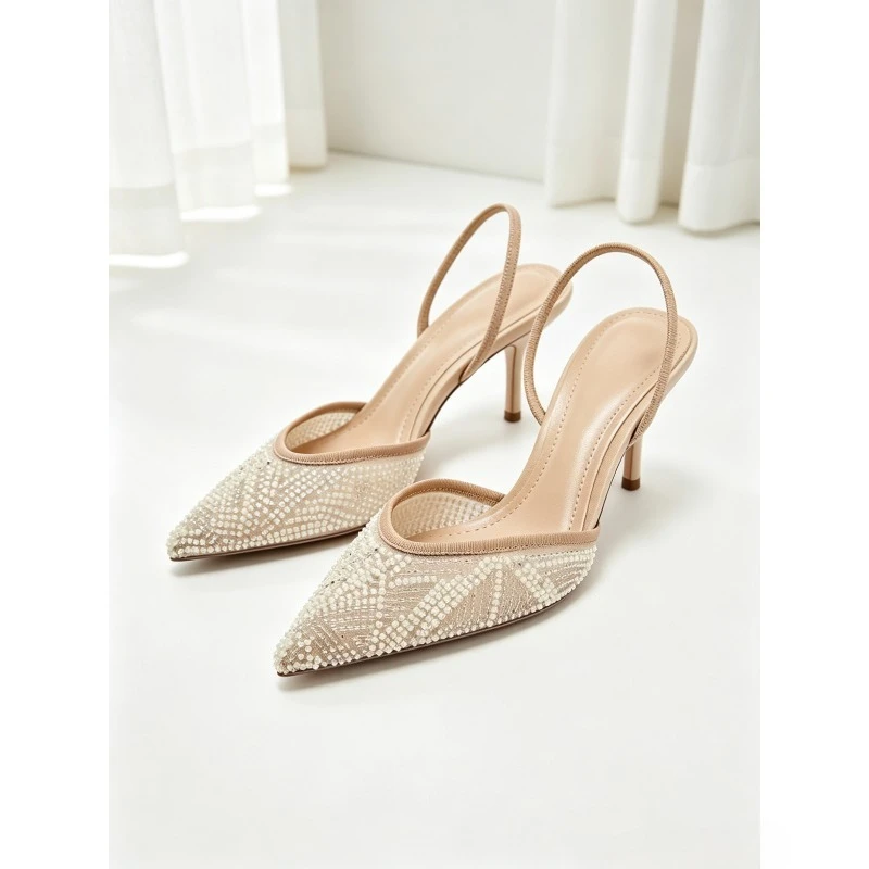 

2026 Autumn New Pointed Water Diamond Shallow Mouth Mesh Sandals with Thin Heels, Bare Colored Baotou High Heels, Muller Shoes