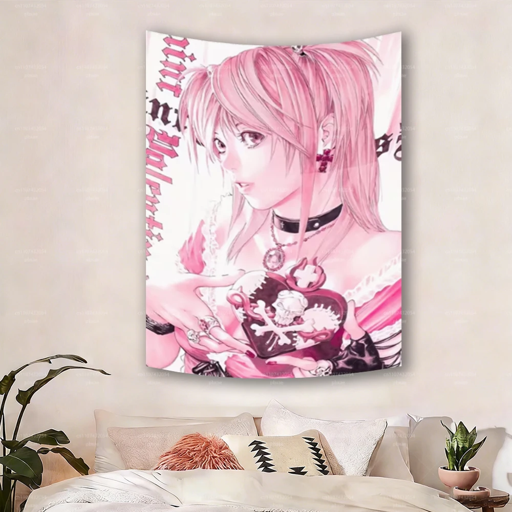 Anime-Wandteppich mit rosa Haaren und Gothic-Motiv – Totenkopf-Herz-Design, zweidimensionale Kunst zum Aufhängen für Wohnzimmer, Schlafzimmer, Büro, Café