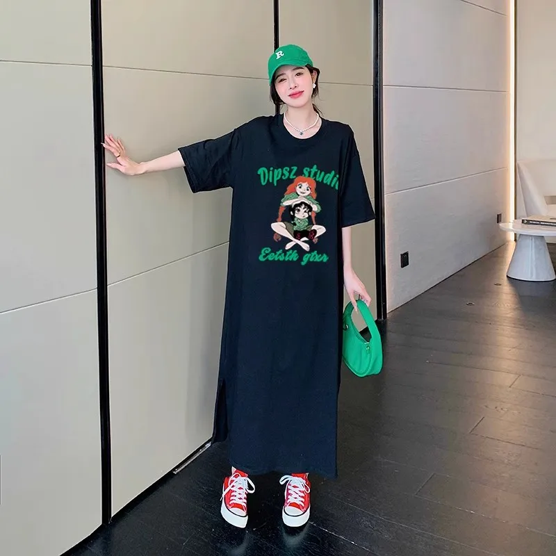 Abito lungo estivo con t-shirt Manica corta da donna oversize al ginocchio Alla moda coreana Sle Abiti larghi e comodi taglie forti