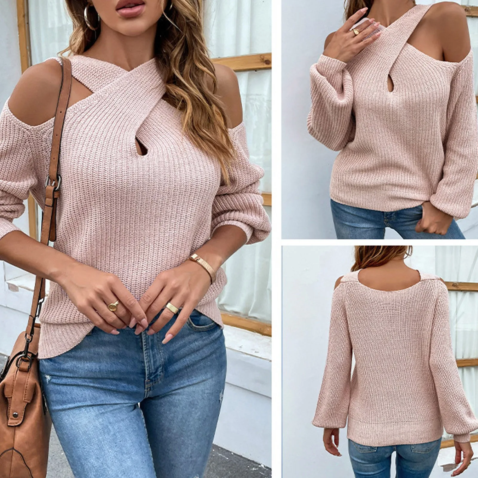 Women\'s autumn and winter solid color cross neck Leaky Shoulder hanging shoulder lantern sleeve knitted sweater Pullovers Winter