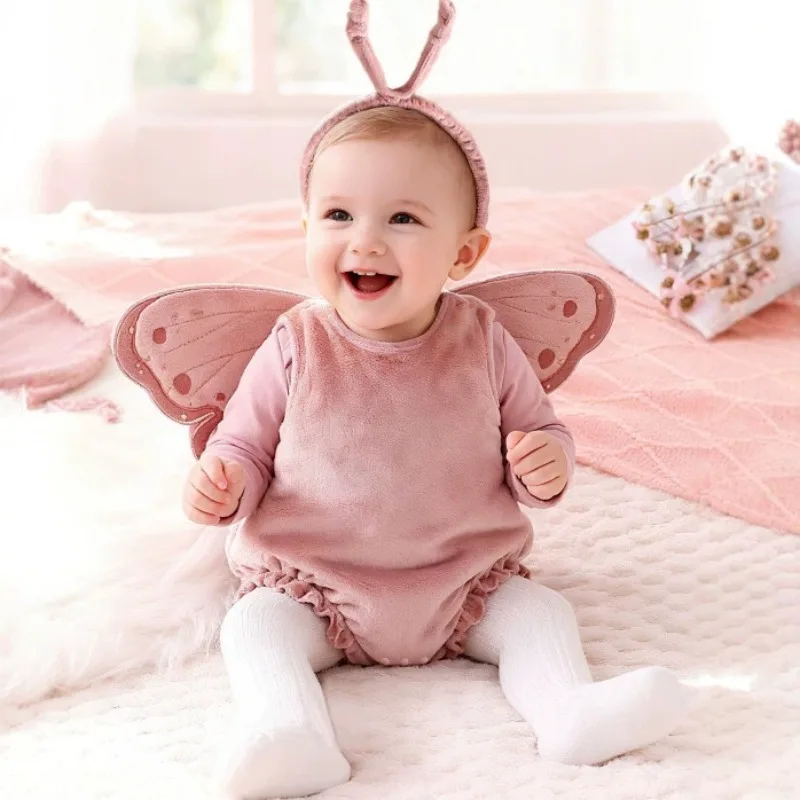 Newborn Infant Baby Girls Butterfly Costume Romper Pink Bubble Bodysuit Ruffle Trim Wings Antenna Headband Set 0 24M